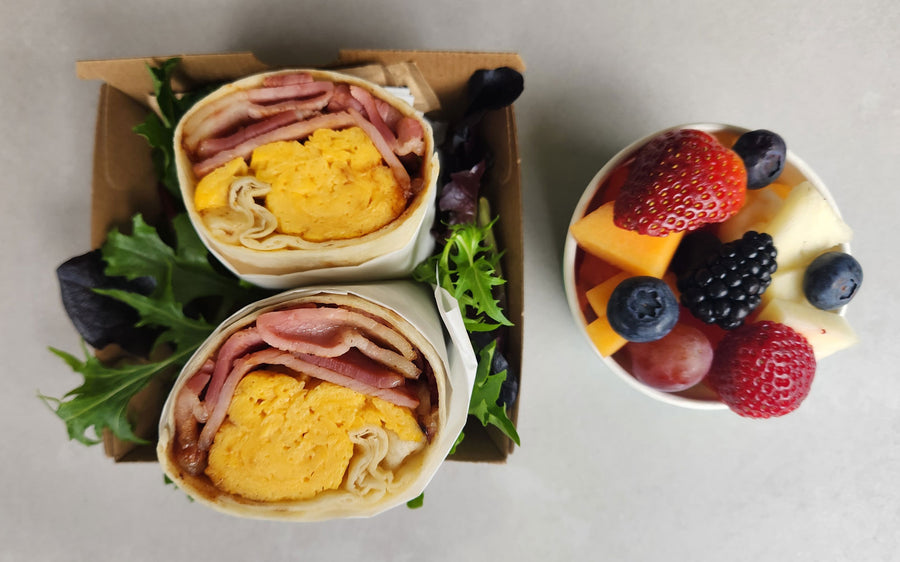 Bacon & egg wrap + fruit