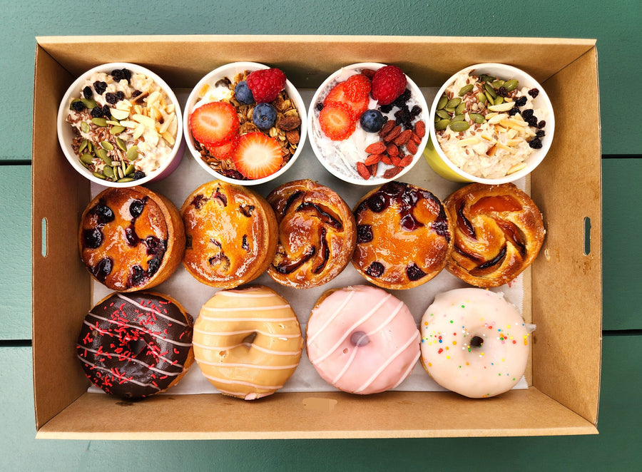 Health pot, French tart & donut selection