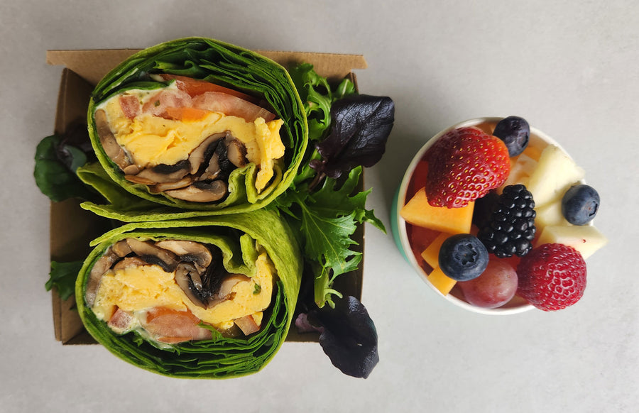 Spinach & egg wrap + fruit (vegan & gf options)